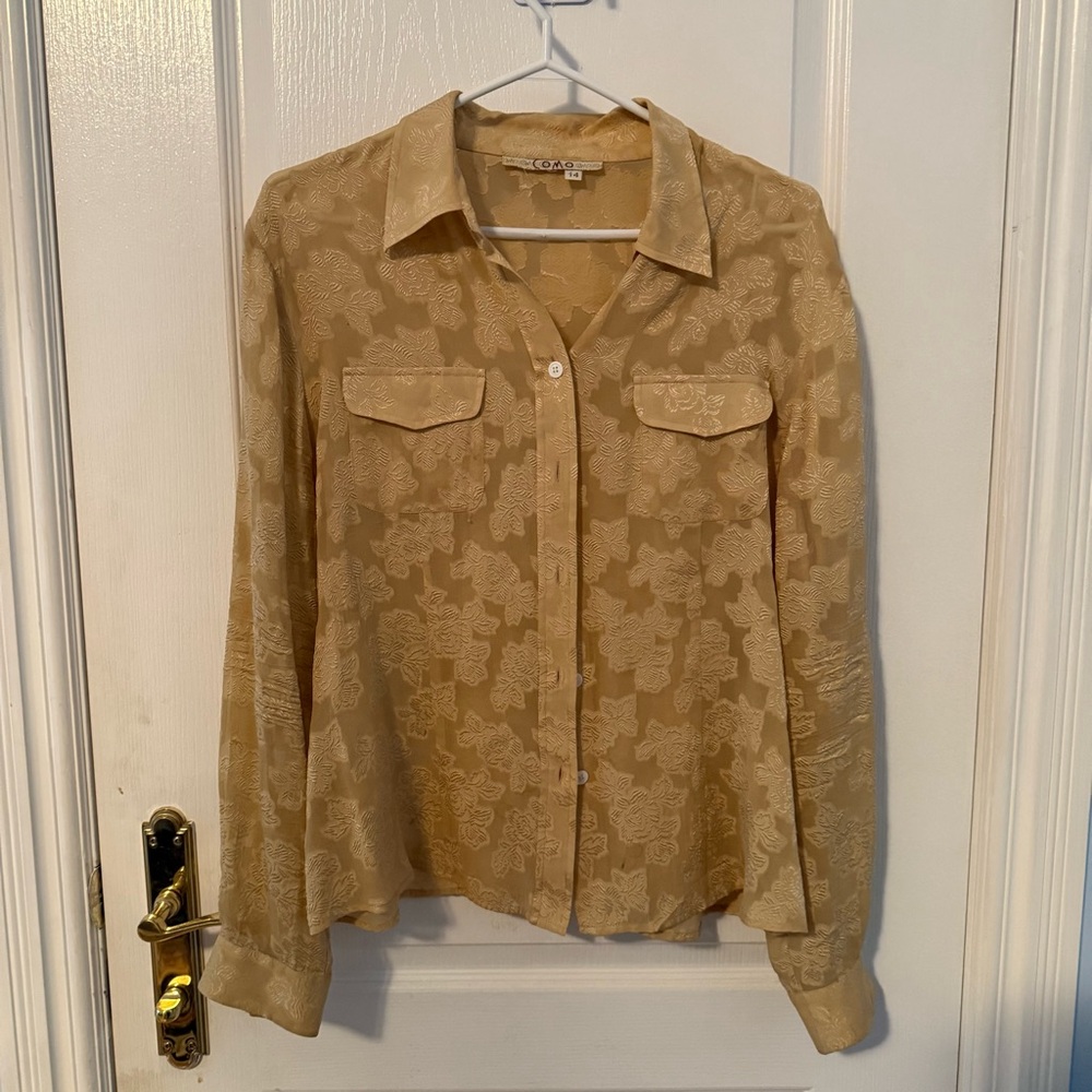 Beige Floral Button-Up Blouse Size 14